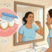Ilustración de una mujer cepillándose los dientes frente al espejo, acompañada de un gráfico detallado que muestra la acumulación de sarro y bacterias en la dentadura.