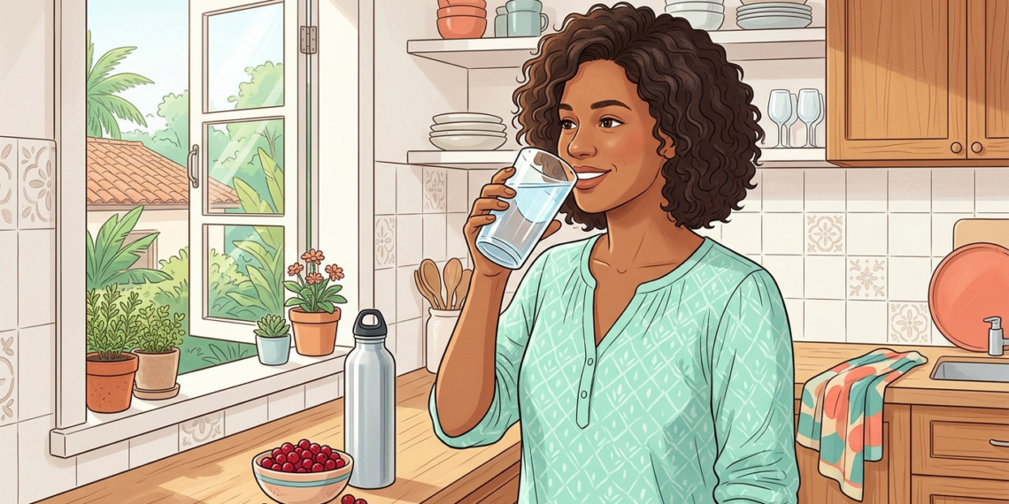 Mujer joven de tez morena y cabello rizado bebiendo un vaso de agua en una cocina luminosa, junto a un tazón de arándanos y una botella de agua reutilizable, representando hábitos saludables para la salud.