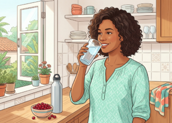 Mujer joven de tez morena y cabello rizado bebiendo un vaso de agua en una cocina luminosa, junto a un tazón de arándanos y una botella de agua reutilizable, representando hábitos saludables para la salud.