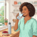 Mujer joven de tez morena y cabello rizado bebiendo un vaso de agua en una cocina luminosa, junto a un tazón de arándanos y una botella de agua reutilizable, representando hábitos saludables para la salud.