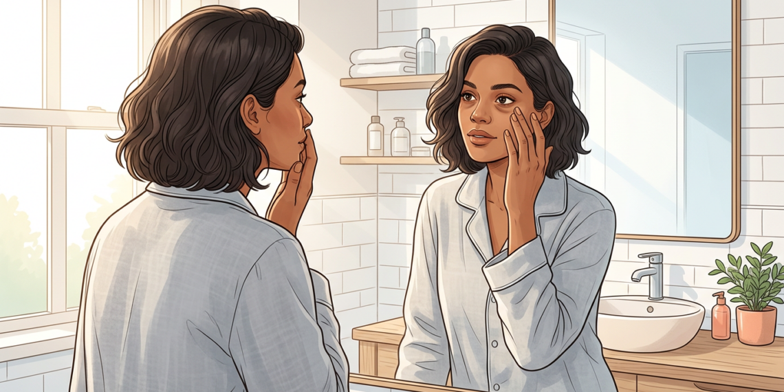 Mujer joven con cabello rizado observándose las ojeras en el espejo de un baño iluminado, vistiendo pijama, en una escena de rutina de cuidado personal.