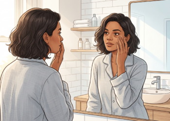 Mujer joven con cabello rizado observándose las ojeras en el espejo de un baño iluminado, vistiendo pijama, en una escena de rutina de cuidado personal.