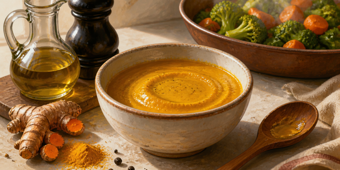 Cuenco con preparación cremosa de cúrcuma acompañado de aceite de oliva, pimienta negra, raíces de cúrcuma y verduras cocidas.