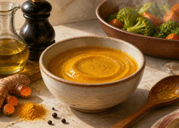Cuenco con preparación cremosa de cúrcuma acompañado de aceite de oliva, pimienta negra, raíces de cúrcuma y verduras cocidas.