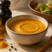Cuenco con preparación cremosa de cúrcuma acompañado de aceite de oliva, pimienta negra, raíces de cúrcuma y verduras cocidas.