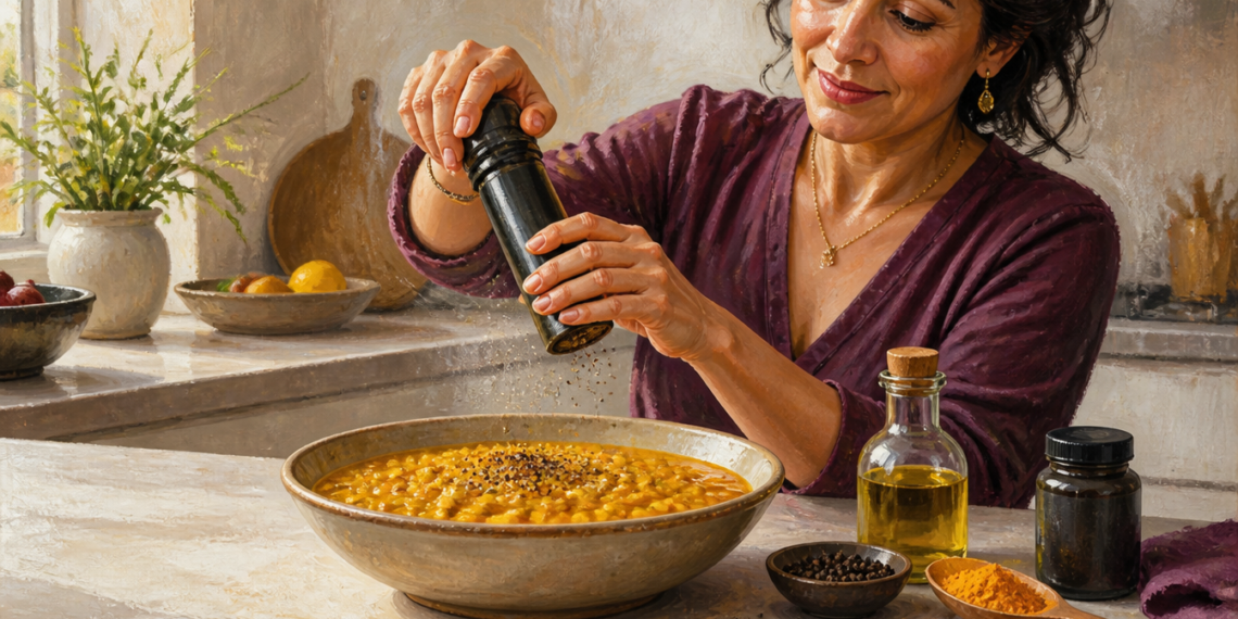 Mujer en una cocina añade pimienta negra a un plato de comida amarilla, junto a una botella de aceite, cúrcuma en polvo y otros ingredientes sobre la encimera.