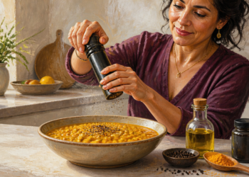 Mujer en una cocina añade pimienta negra a un plato de comida amarilla, junto a una botella de aceite, cúrcuma en polvo y otros ingredientes sobre la encimera.