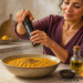 Mujer en una cocina añade pimienta negra a un plato de comida amarilla, junto a una botella de aceite, cúrcuma en polvo y otros ingredientes sobre la encimera.