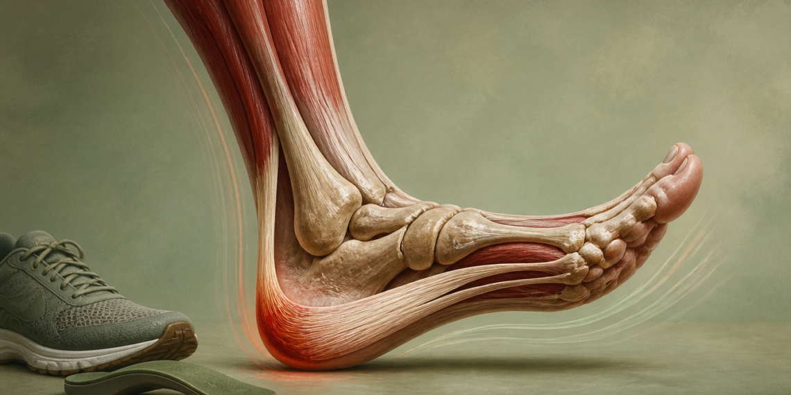 Ilustración anatómica lateral de un pie que muestra huesos, músculos, tendones y la fascia plantar resaltada en rojo bajo el talón, junto a una zapatilla y una plantilla.