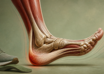Ilustración anatómica lateral de un pie que muestra huesos, músculos, tendones y la fascia plantar resaltada en rojo bajo el talón, junto a una zapatilla y una plantilla.