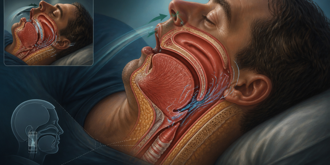 Ilustración médica de un hombre dormido de perfil con un corte anatómico de la nariz, la boca y la garganta que muestra el paso del aire y la zona de vibración asociada a los ronquidos.