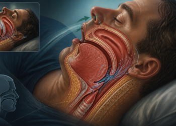 Ilustración médica de un hombre dormido de perfil con un corte anatómico de la nariz, la boca y la garganta que muestra el paso del aire y la zona de vibración asociada a los ronquidos.
