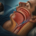 Ilustración médica de un hombre dormido de perfil con un corte anatómico de la nariz, la boca y la garganta que muestra el paso del aire y la zona de vibración asociada a los ronquidos.