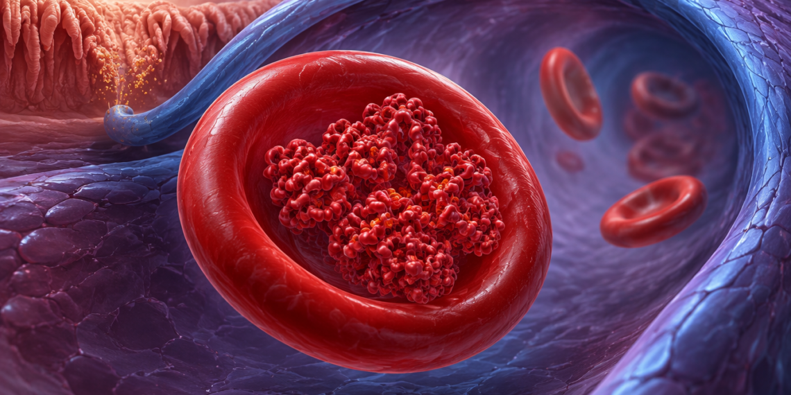 Glóbulo rojo ampliado dentro de un vaso sanguíneo con moléculas de hemoglobina en su interior y partículas de hierro que pasan desde el intestino hacia la sangre.