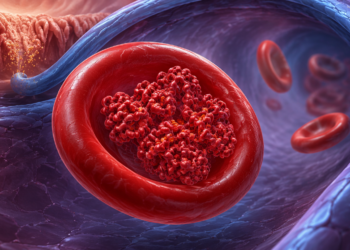 Glóbulo rojo ampliado dentro de un vaso sanguíneo con moléculas de hemoglobina en su interior y partículas de hierro que pasan desde el intestino hacia la sangre.