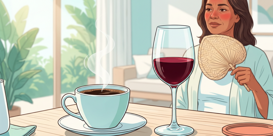 Ilustración de una mujer con el rostro enrojecido abanicándose detrás de una mesa con una taza de café caliente y una copa de vino tinto.