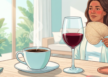 Ilustración de una mujer con el rostro enrojecido abanicándose detrás de una mesa con una taza de café caliente y una copa de vino tinto.