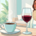 Ilustración de una mujer con el rostro enrojecido abanicándose detrás de una mesa con una taza de café caliente y una copa de vino tinto.
