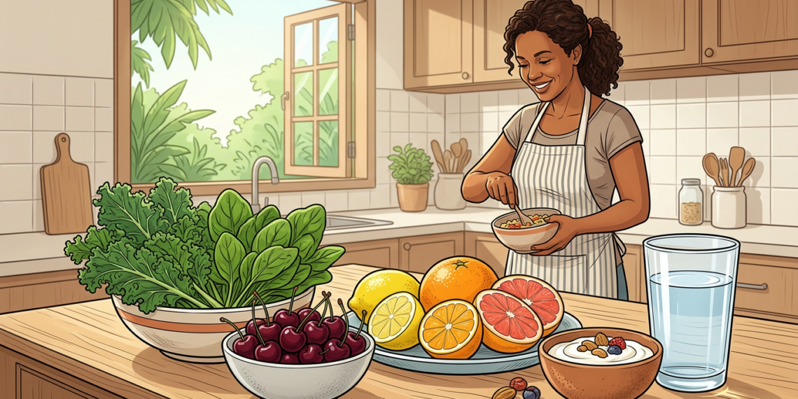 Ilustración de una mujer sonriente en una cocina preparando comida saludable, rodeada de cerezas, cítricos, hojas verdes frescas y un gran vaso de agua.