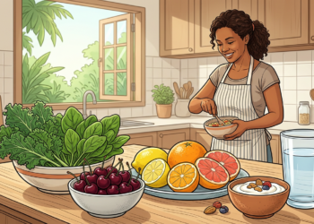 Ilustración de una mujer sonriente en una cocina preparando comida saludable, rodeada de cerezas, cítricos, hojas verdes frescas y un gran vaso de agua.