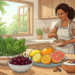 Ilustración de una mujer sonriente en una cocina preparando comida saludable, rodeada de cerezas, cítricos, hojas verdes frescas y un gran vaso de agua.
