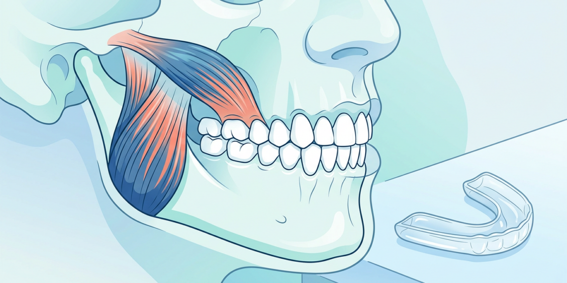Ilustración médica detallada de una mandíbula humana que muestra los músculos de la masticación en tonos azules y rojizos, junto a una férula de descarga transparente colocada sobre una superficie para el tratamiento del bruxismo.