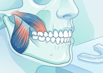 Ilustración médica detallada de una mandíbula humana que muestra los músculos de la masticación en tonos azules y rojizos, junto a una férula de descarga transparente colocada sobre una superficie para el tratamiento del bruxismo.