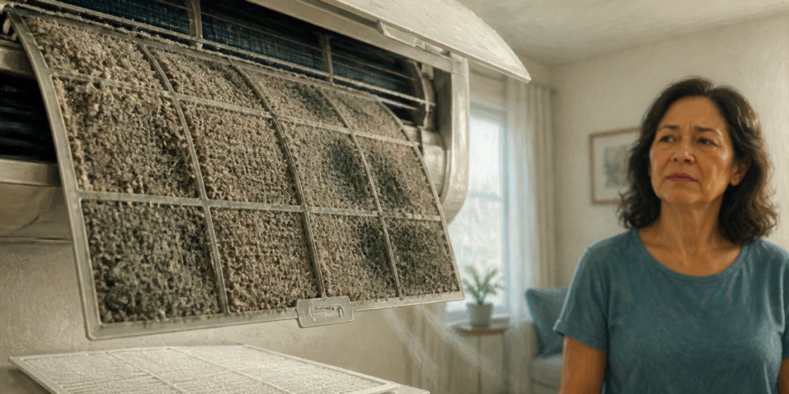 Filtro desmontable de un aire acondicionado cubierto de polvo y suciedad, mientras una mujer lo observa en el interior de una vivienda, en una escena relacionada con el mantenimiento del equipo y la calidad del aire.