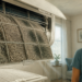 Filtro desmontable de un aire acondicionado cubierto de polvo y suciedad, mientras una mujer lo observa en el interior de una vivienda, en una escena relacionada con el mantenimiento del equipo y la calidad del aire.