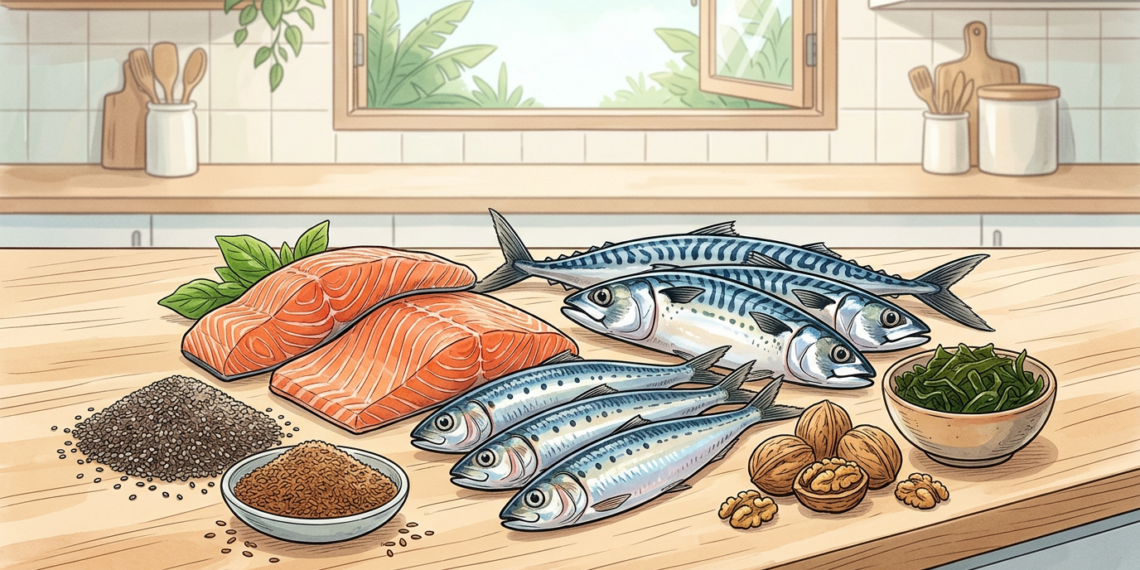 Ilustración de diversos alimentos ricos en omega-3, como salmón, sardinas, caballa, nueces, algas y semillas, dispuestos sobre la encimera de una cocina.