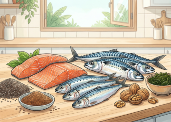 Ilustración de diversos alimentos ricos en omega-3, como salmón, sardinas, caballa, nueces, algas y semillas, dispuestos sobre la encimera de una cocina.