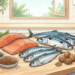 Ilustración de diversos alimentos ricos en omega-3, como salmón, sardinas, caballa, nueces, algas y semillas, dispuestos sobre la encimera de una cocina.