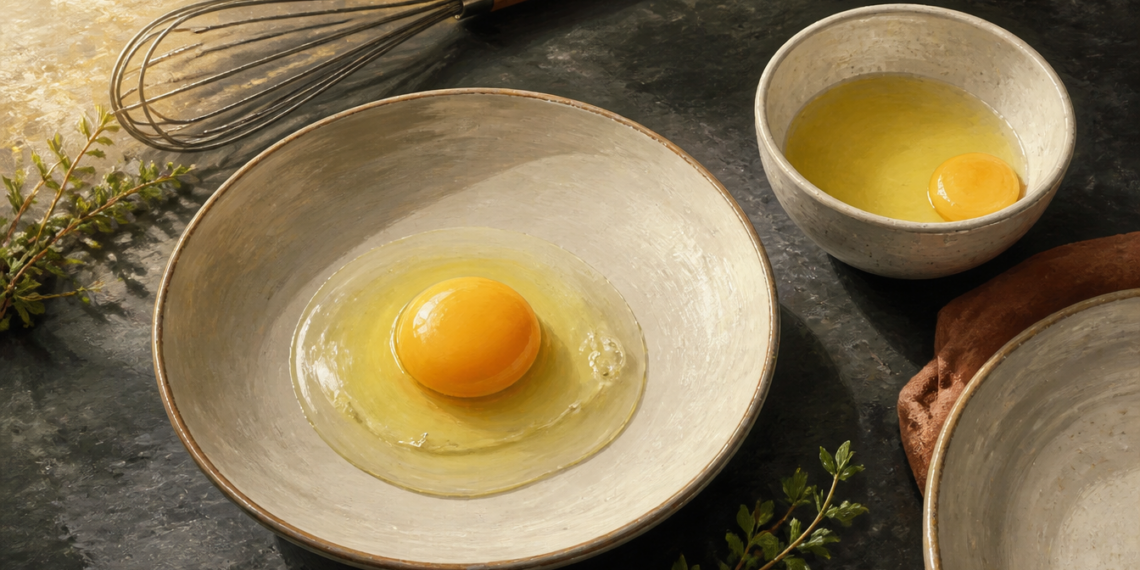 Dos huevos crudos con la clara transparente y la yema intacta servidos en cuencos, junto a un batidor de cocina y hierbas frescas.