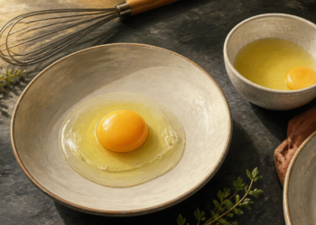 Dos huevos crudos con la clara transparente y la yema intacta servidos en cuencos, junto a un batidor de cocina y hierbas frescas.