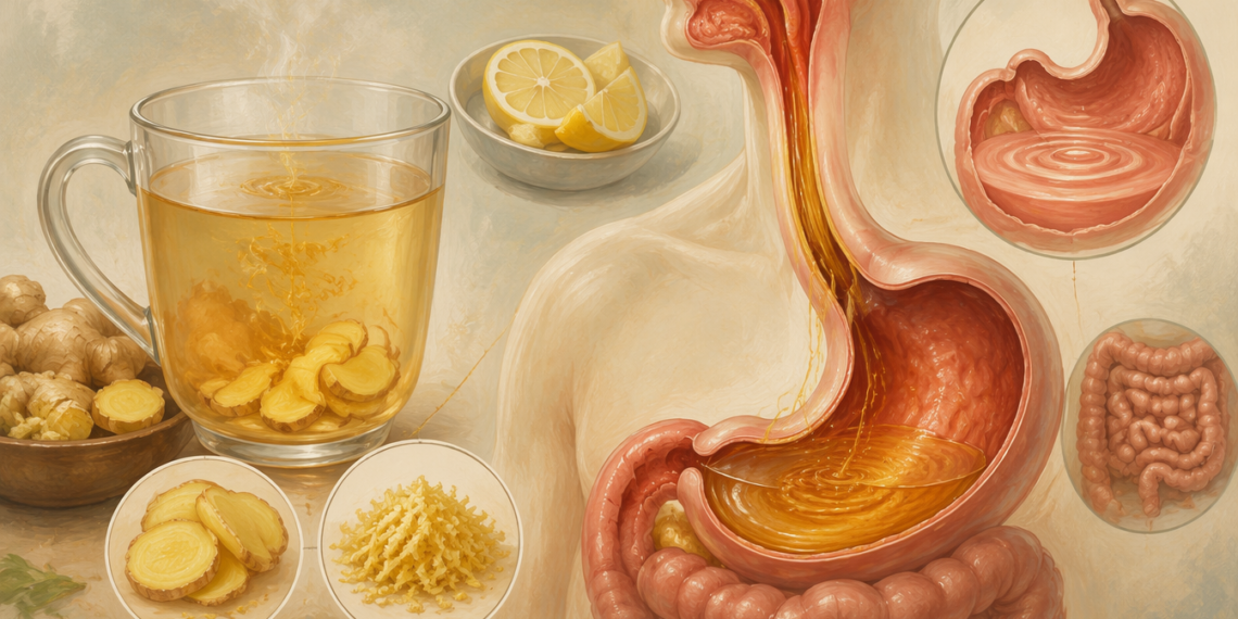Ilustración de una infusión de jengibre con limón junto a un esquema anatómico del aparato digestivo, con el estómago y el intestino destacados.