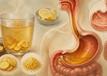 Ilustración de una infusión de jengibre con limón junto a un esquema anatómico del aparato digestivo, con el estómago y el intestino destacados.