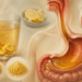 Ilustración de una infusión de jengibre con limón junto a un esquema anatómico del aparato digestivo, con el estómago y el intestino destacados.