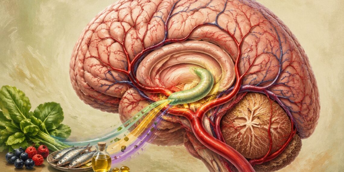 Ilustración anatómica de un cerebro con vasos sanguíneos y una estructura central resaltada en verde, junto a verduras de hoja, frutos rojos, pescado azul y aceite de oliva.