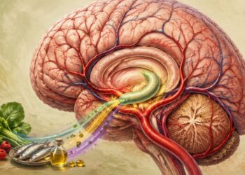 Ilustración anatómica de un cerebro con vasos sanguíneos y una estructura central resaltada en verde, junto a verduras de hoja, frutos rojos, pescado azul y aceite de oliva.