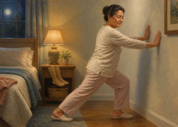 Mujer adulta con pijama estira una pierna apoyando las manos en la pared dentro de un dormitorio durante la noche.