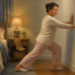 Mujer adulta con pijama estira una pierna apoyando las manos en la pared dentro de un dormitorio durante la noche.