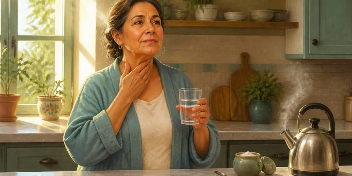 Mujer adulta sostiene un vaso de agua y se toca la garganta en una cocina, junto a un recipiente con sal y una tetera humeante.