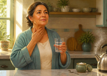 Mujer adulta sostiene un vaso de agua y se toca la garganta en una cocina, junto a un recipiente con sal y una tetera humeante.