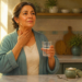 Mujer adulta sostiene un vaso de agua y se toca la garganta en una cocina, junto a un recipiente con sal y una tetera humeante.