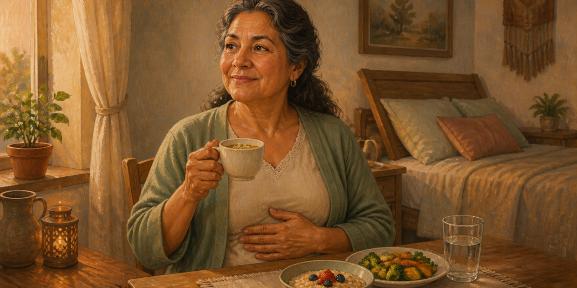 Mujer adulta sostiene una taza y apoya una mano sobre el estómago, sentada ante una mesa con avena, verduras y un vaso de agua.
