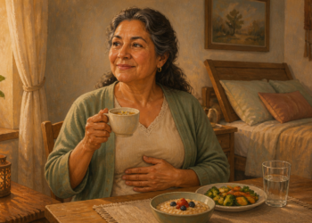 Mujer adulta sostiene una taza y apoya una mano sobre el estómago, sentada ante una mesa con avena, verduras y un vaso de agua.