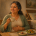 Mujer adulta sostiene una taza y apoya una mano sobre el estómago, sentada ante una mesa con avena, verduras y un vaso de agua.