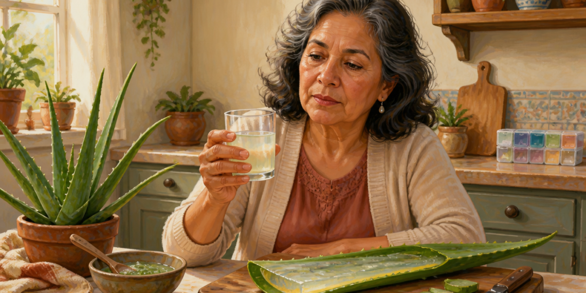 Mujer adulta sostiene un vaso con una bebida clara junto a una planta de aloe vera, una hoja abierta con gel, un cuenco y un cuchillo sobre la mesa.