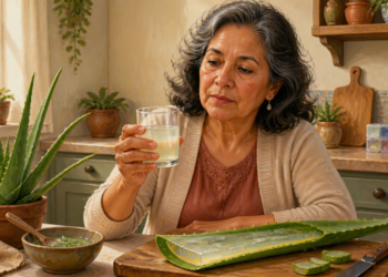 Mujer adulta sostiene un vaso con una bebida clara junto a una planta de aloe vera, una hoja abierta con gel, un cuenco y un cuchillo sobre la mesa.