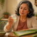 Mujer adulta sostiene un vaso con una bebida clara junto a una planta de aloe vera, una hoja abierta con gel, un cuenco y un cuchillo sobre la mesa.